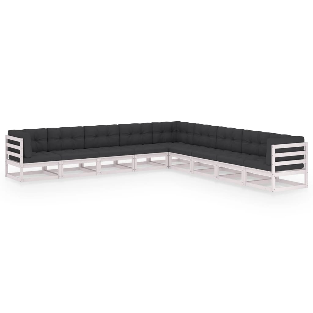 9-tlg. Garten-Lounge-Set mit Kissen Weiss Kiefer Massivholz
